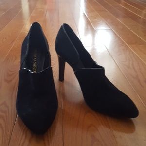 Franco Sarto black suede high heel booties